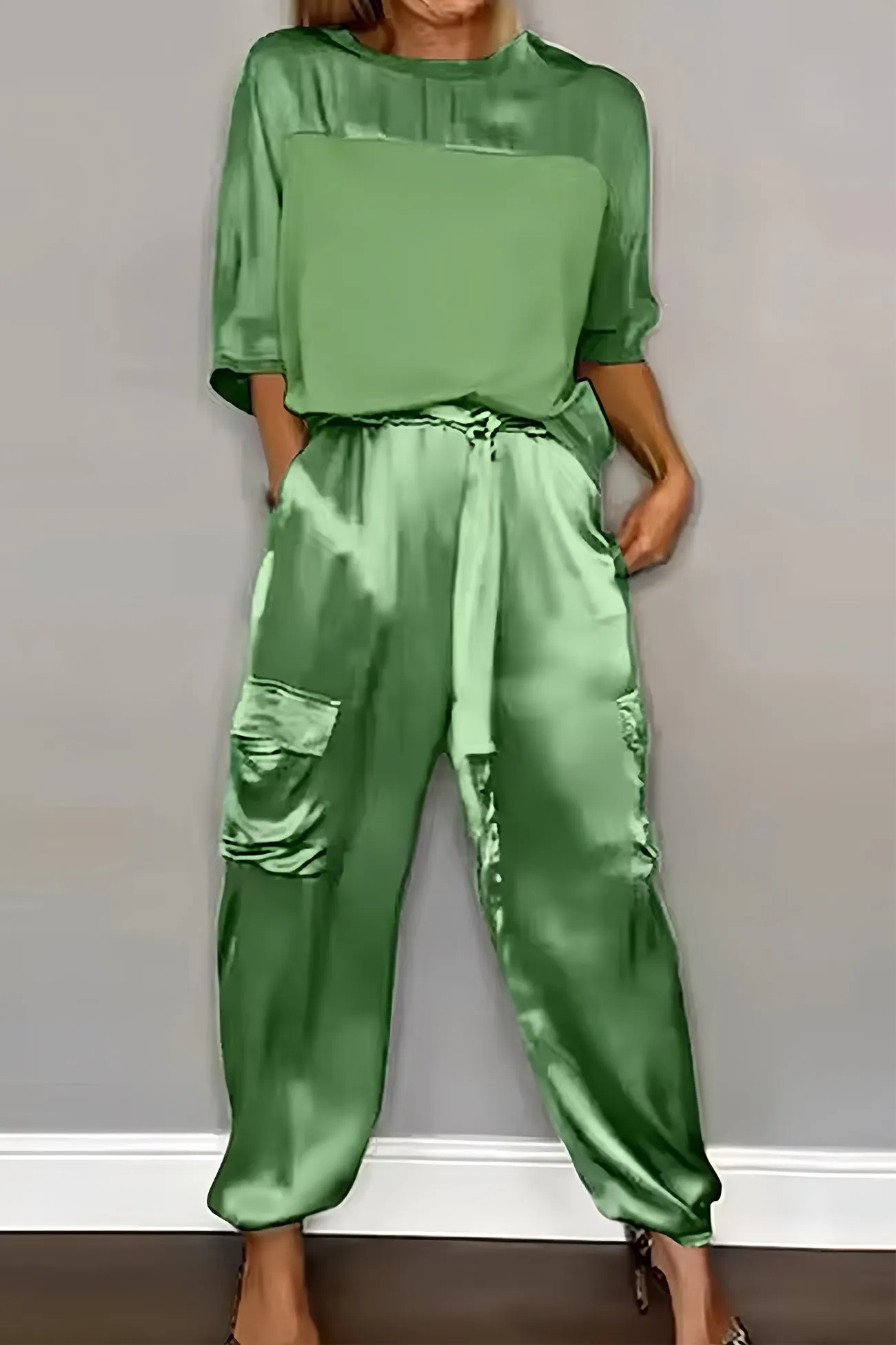 Maxct Satin Half Sleeve Shirt Two-piece Pants Set
