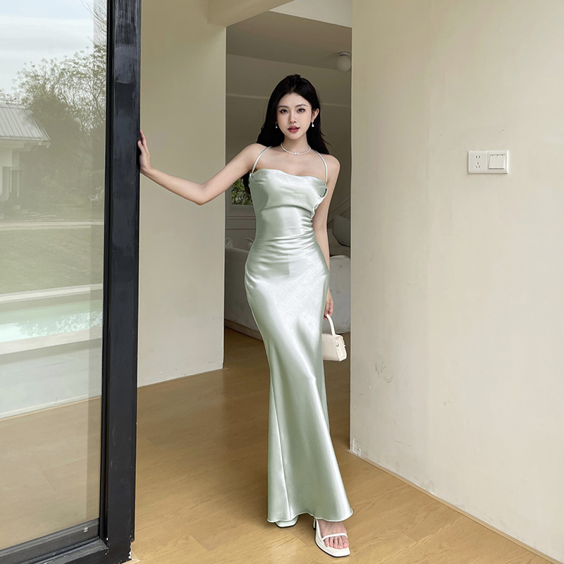 French Elegant Satin Camis Dress Backless Spaghetti Straps Midi Dress Y2K Solid Sleeveless Party Night Vestidos