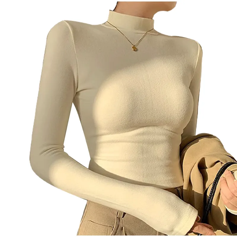Double Sided Fleece Turtleneck Base Shirt Women Casual Slim Solid Long Sleeve Knitted Pullovers Lady Autumn Chic Thick Warm Tops