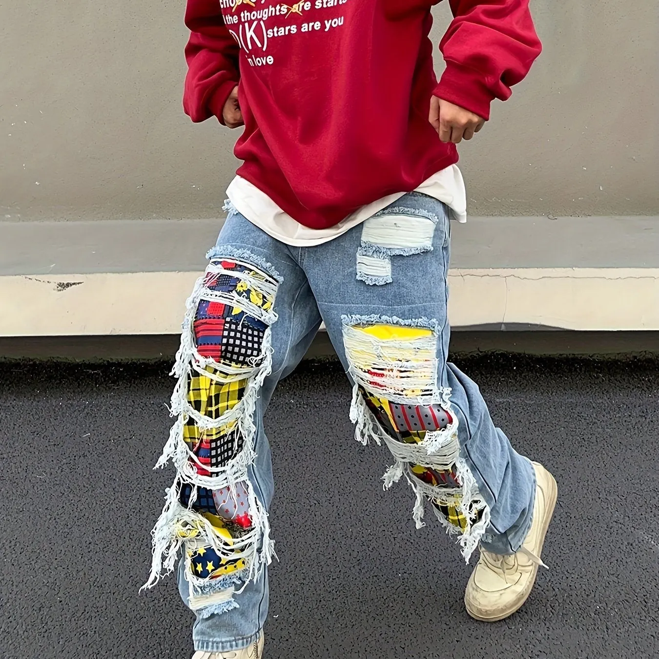 Maxct  Loose Fit Patchwork Jeans, Men's Casual Street Style Wide Leg Pants With Creative Tassels