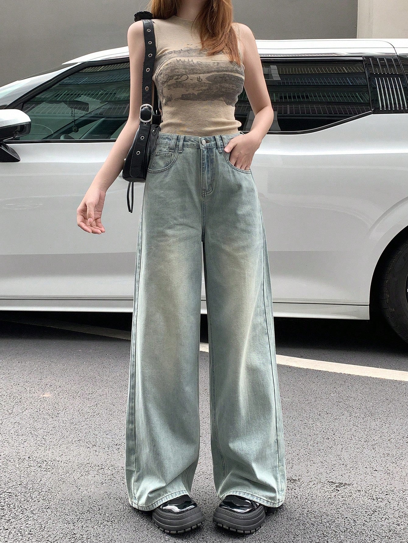 Maxct Women's Casual Loose Fit Wide Leg Seven-Point Denim Pants With Pockets