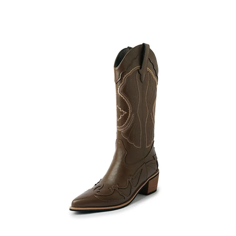 Womens Western Boots Mid Calf Contrast-stitching Cowboy Boots- White/Coffee Maxct