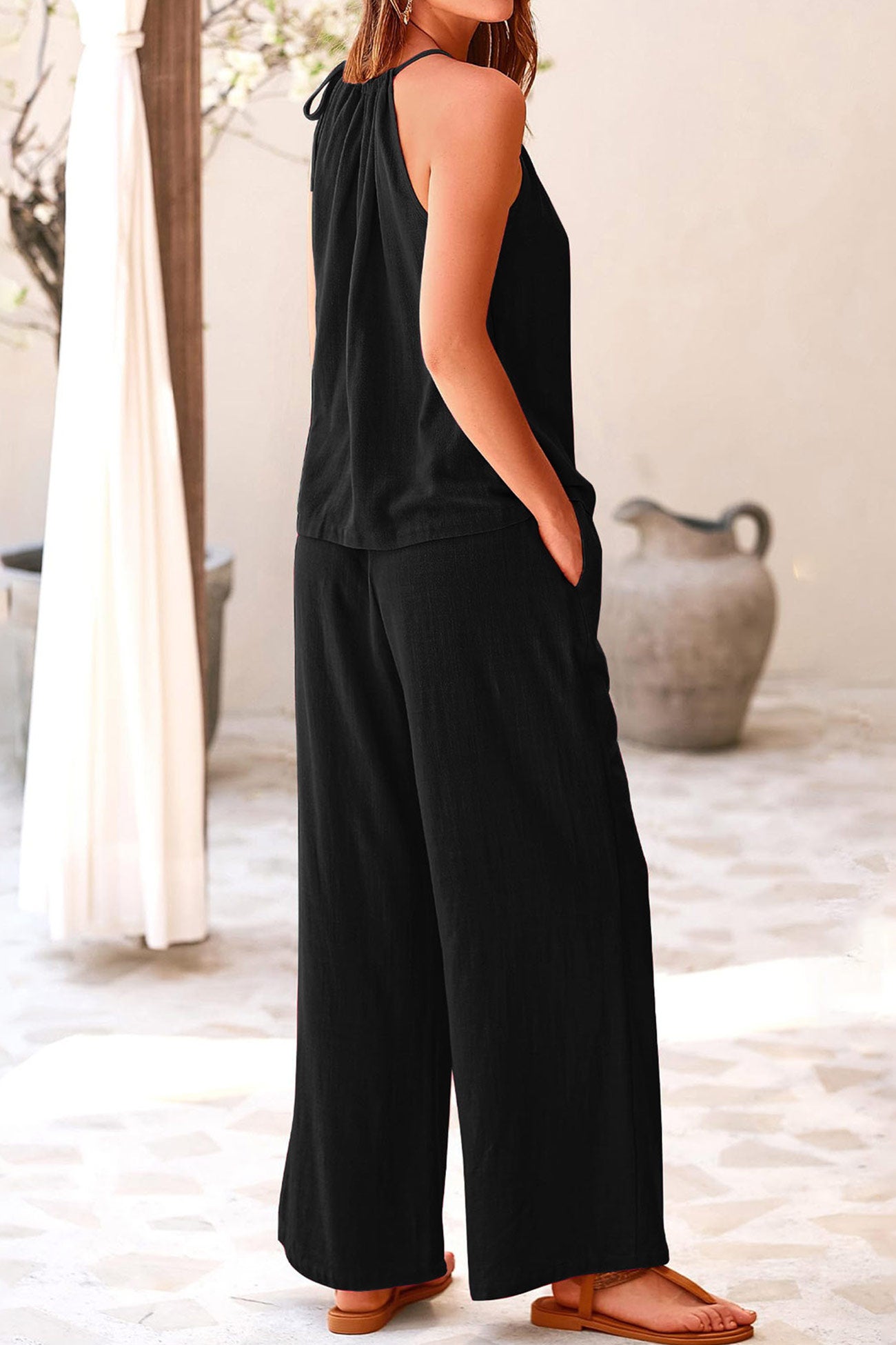 Maxct Cotton Linen Tie-up Tank Pants Suits