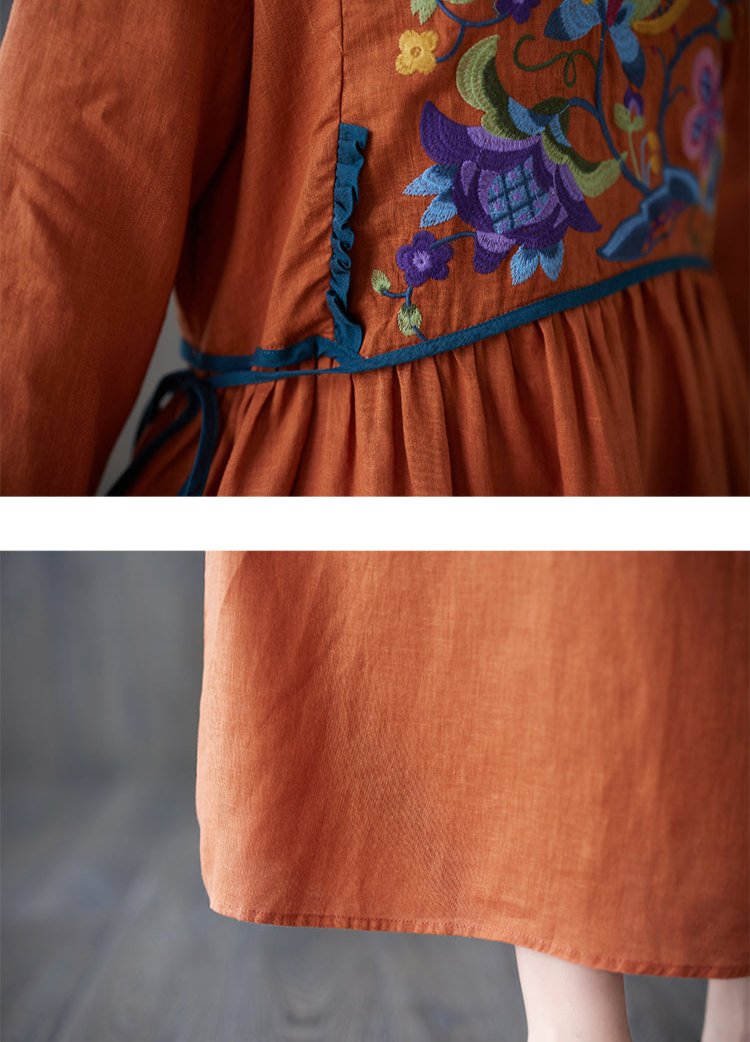Maxct Women Autumn Retro Embroidery Cotton Linen Dress
