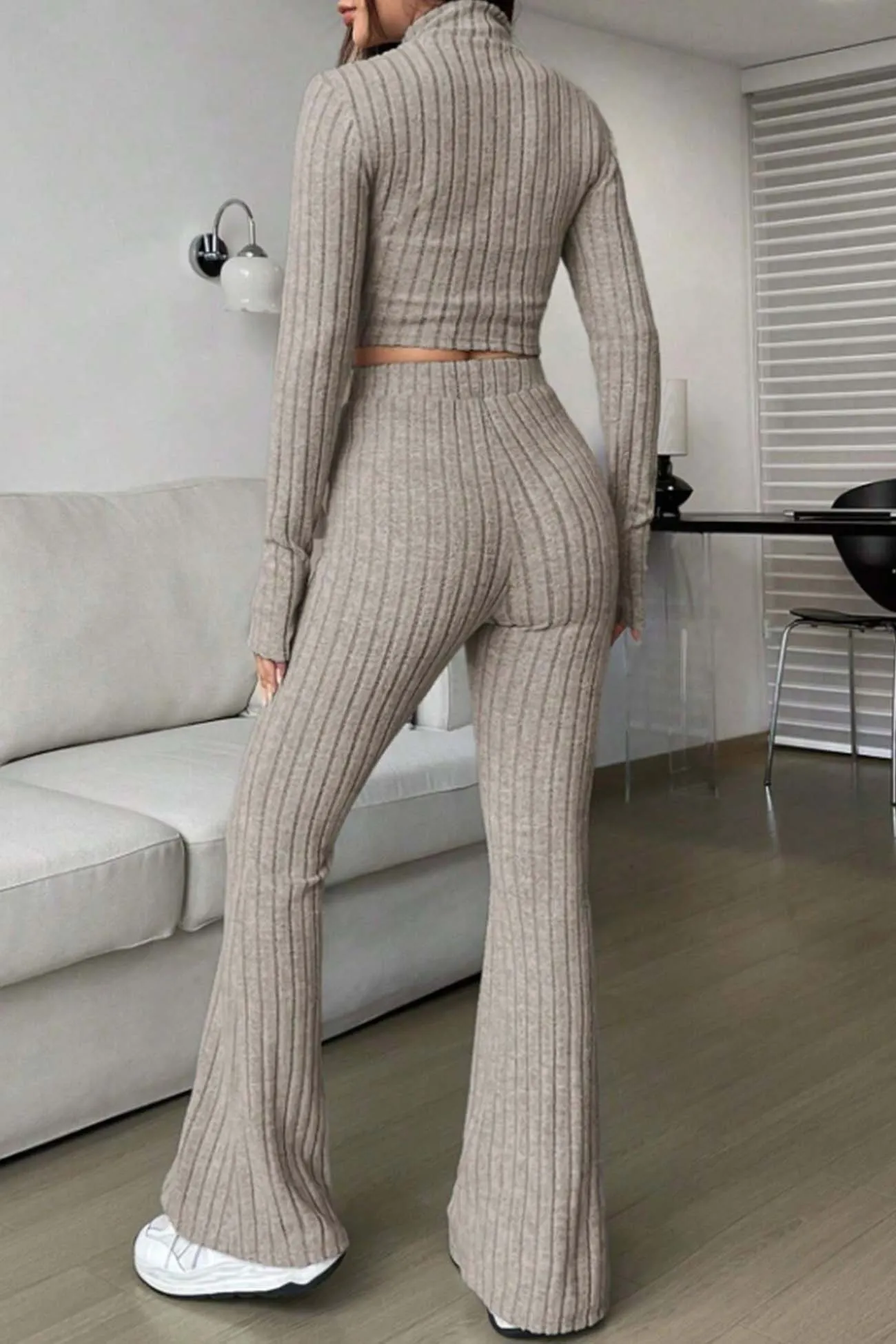 Maxct Zip Long Sleeve Ribbed Flared Pants Set