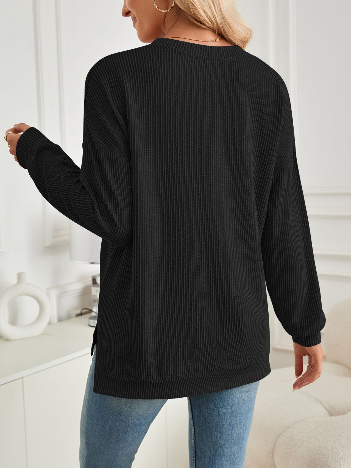 Maxct &Slit Round Neck Long Sleeve Sweatshirt