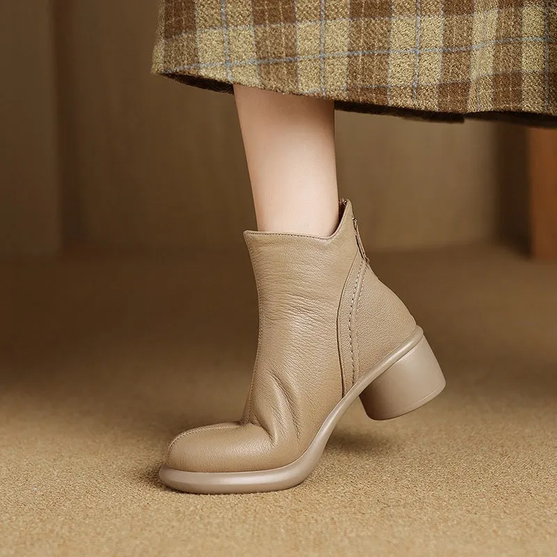 Retro Autumn Sheepskin Leather Soft Chunky Zipper Boots