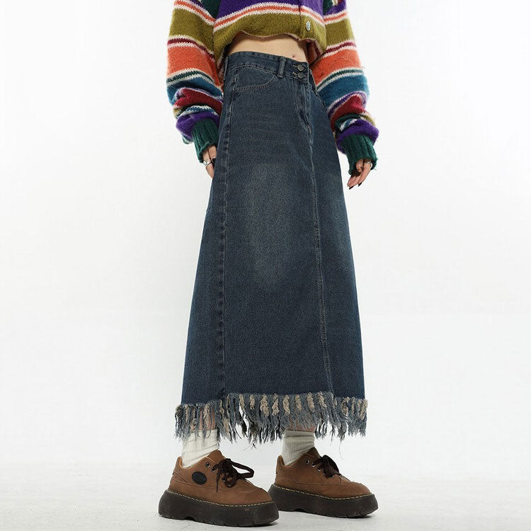 Aesthetic Long Denim Fringe Skirt Maxct