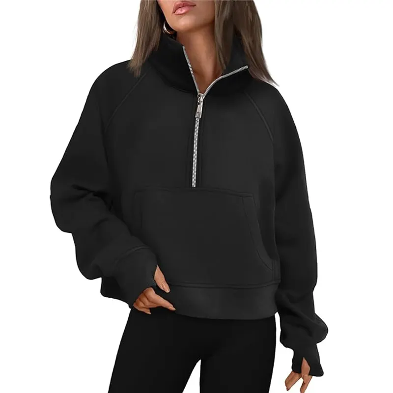 Maxct Casual Half Zipper Plush Hoodies Women Loose Solid Lapel Pockets Sweat Shirt Female Autumn Chic Warm Sports Yoga Outwear