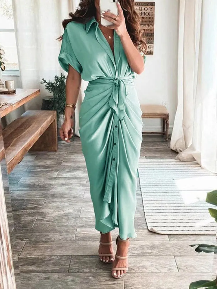 Satin Pleated Bandage Shirt Dress Maxct