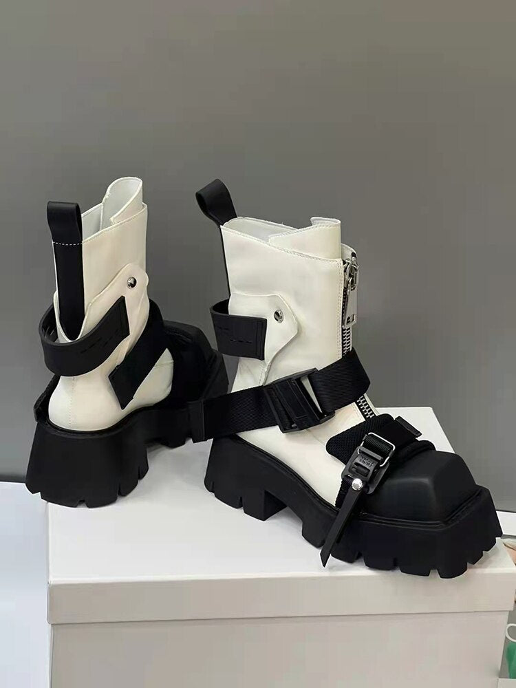 Belt Buckle Zipper Mid Calf Boots for Women Maxct