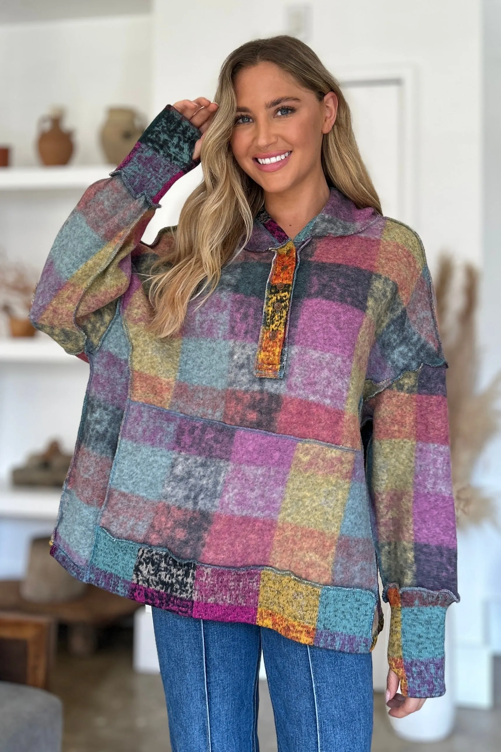Maxct &Double Take Full Size Plaid Dropped Shoulder Fleece Hoodie