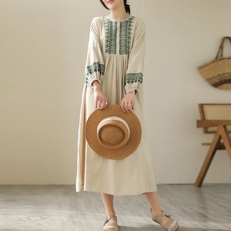 Loose Round Neck Embroidered Long Sleeves Midi Dresses