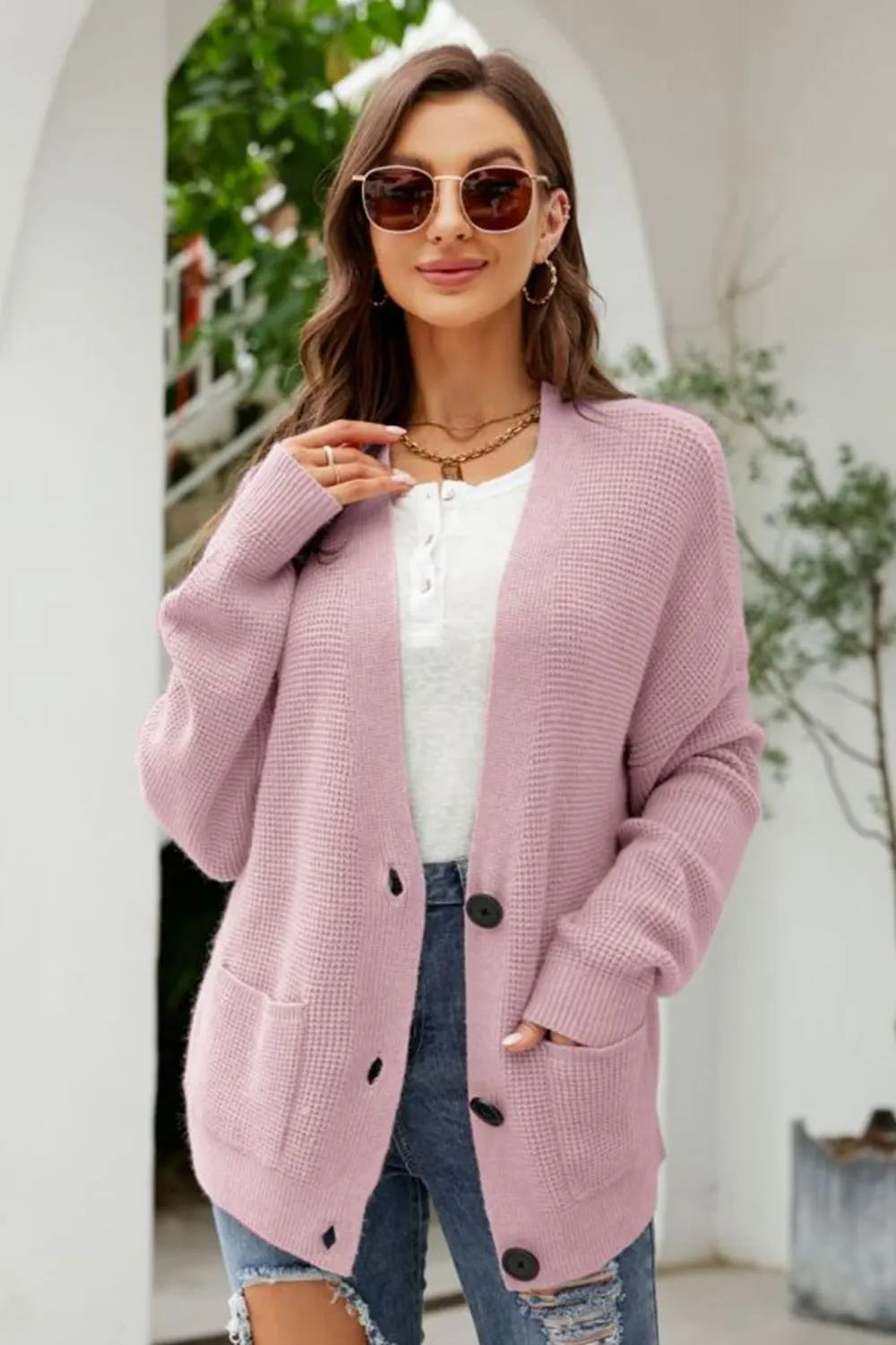 Maxct &Waffle-Knit Dropped Shoulder Cardigan