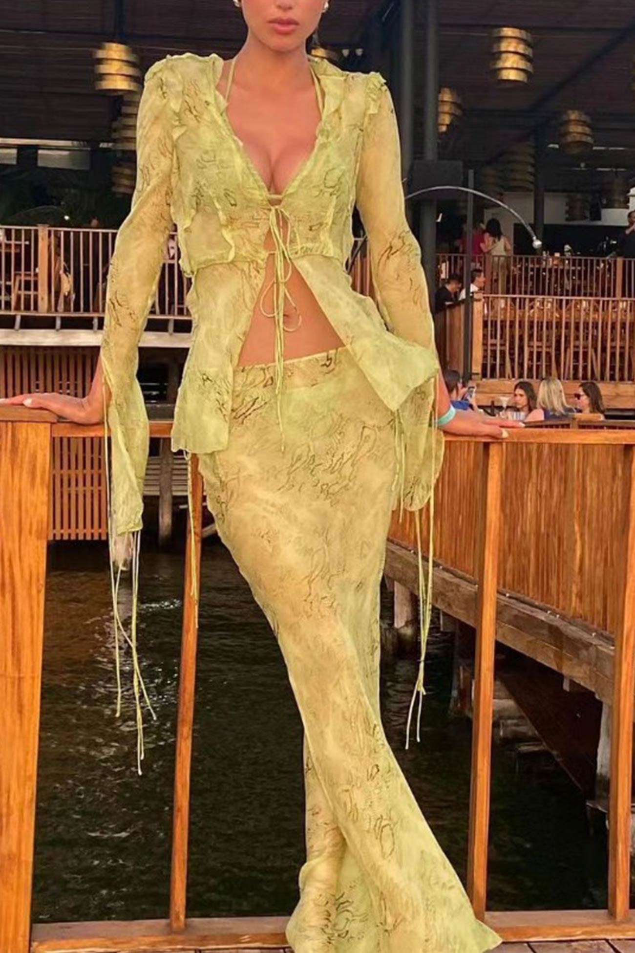 Maxct Mesh Printed Strappy Cardigan Skirt Suits
