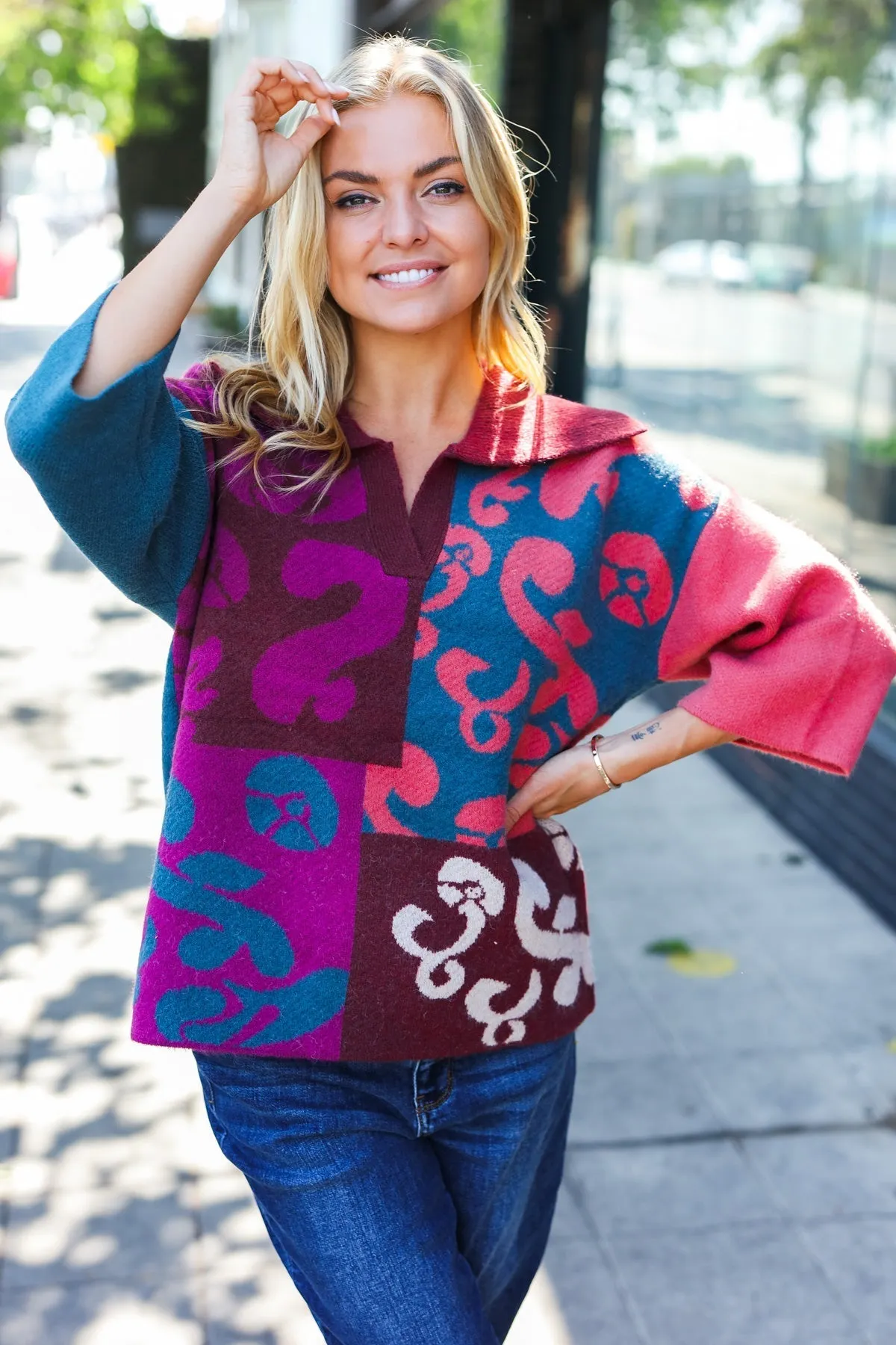 Maxct &Feeling Your Best Wine Abstract Print Color Block Collar V Neck Sweater