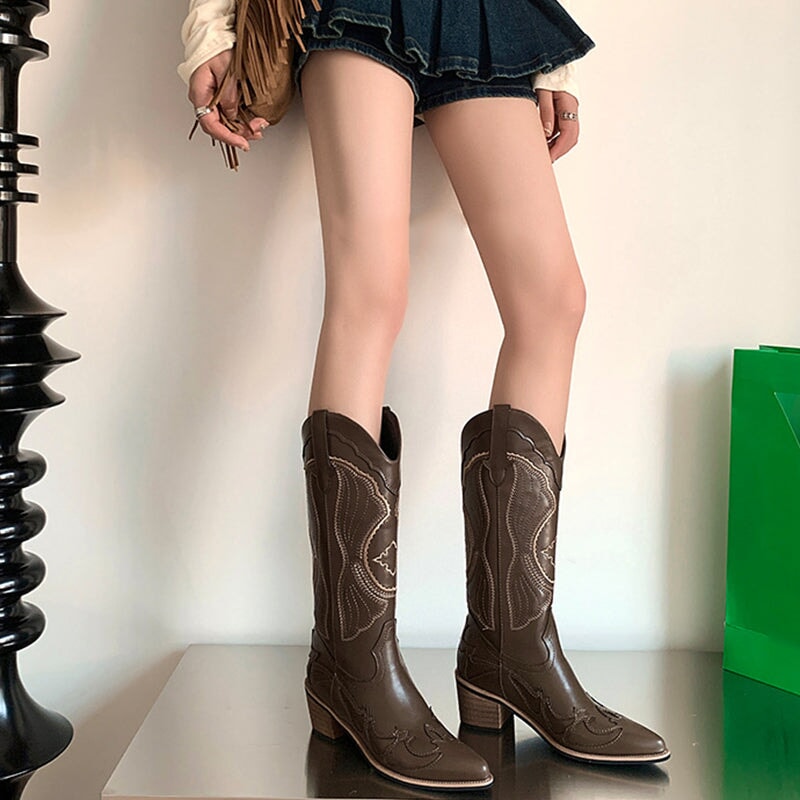 Womens Western Boots Mid Calf Contrast-stitching Cowboy Boots- White/Coffee Maxct