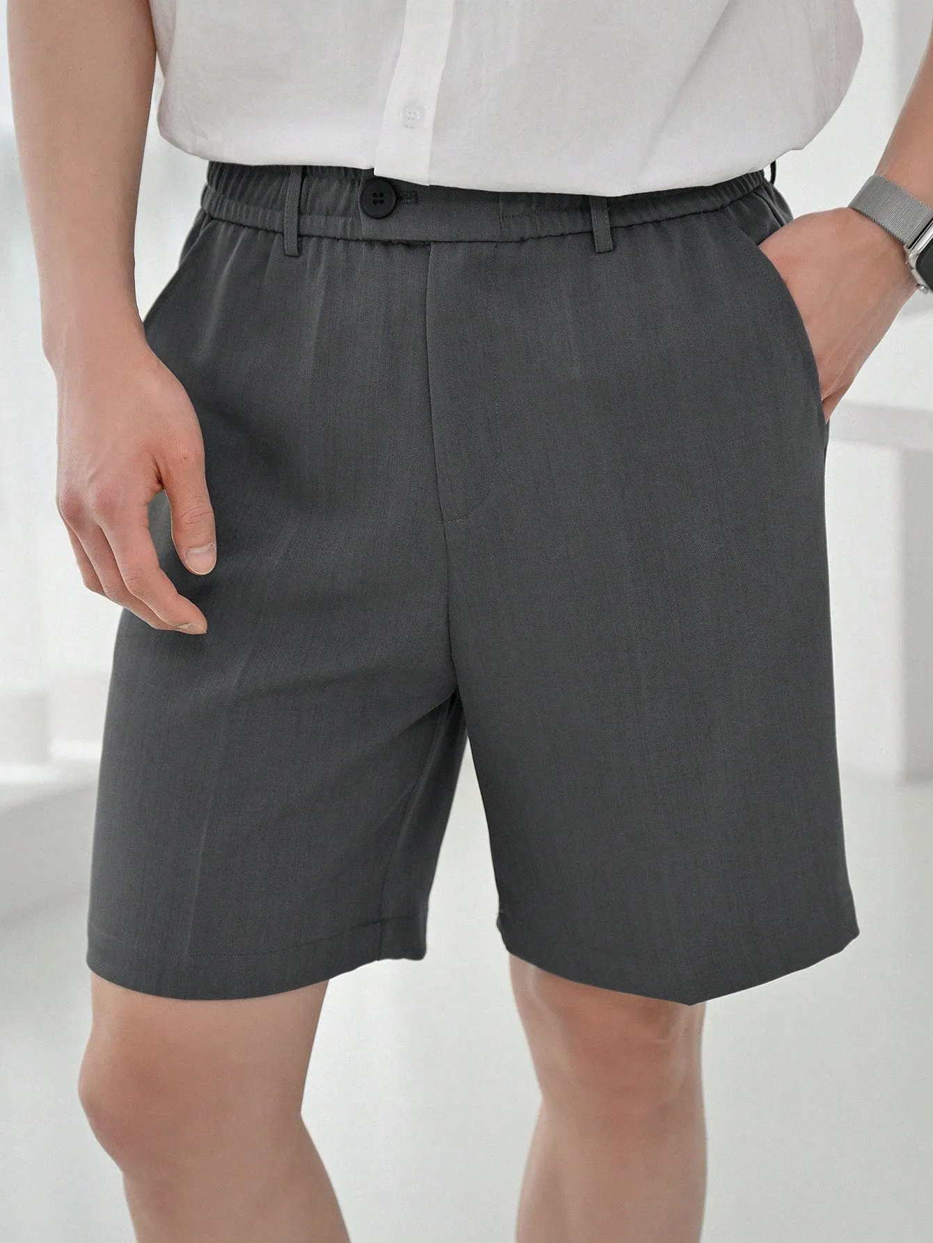 Maxct Men Solid Color Simple Casual Button Shorts, For Summer Daily Wear