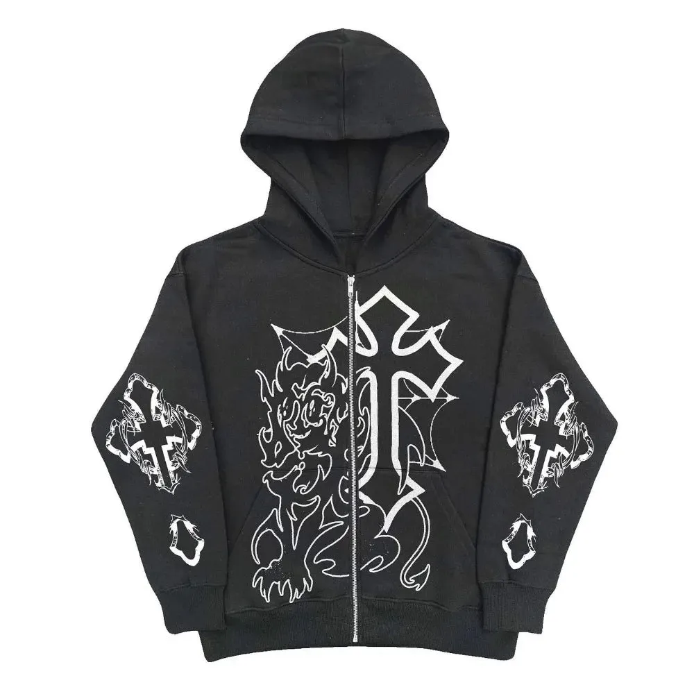 Maxct Retro Trend Y2k Zipper Hoodie Harajuku Hip Hop Oversized Hooded Sweatshirt Men Women Street Punk Rock Jacket Coat Top Streetwear