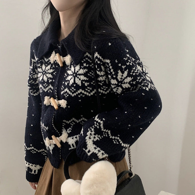 Maxct Aesthetic Snowflake Horn Button Knitted Cardigan