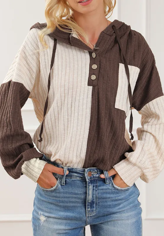 Maxct &Color Block Quarter Button Long Sleeve Hoodie